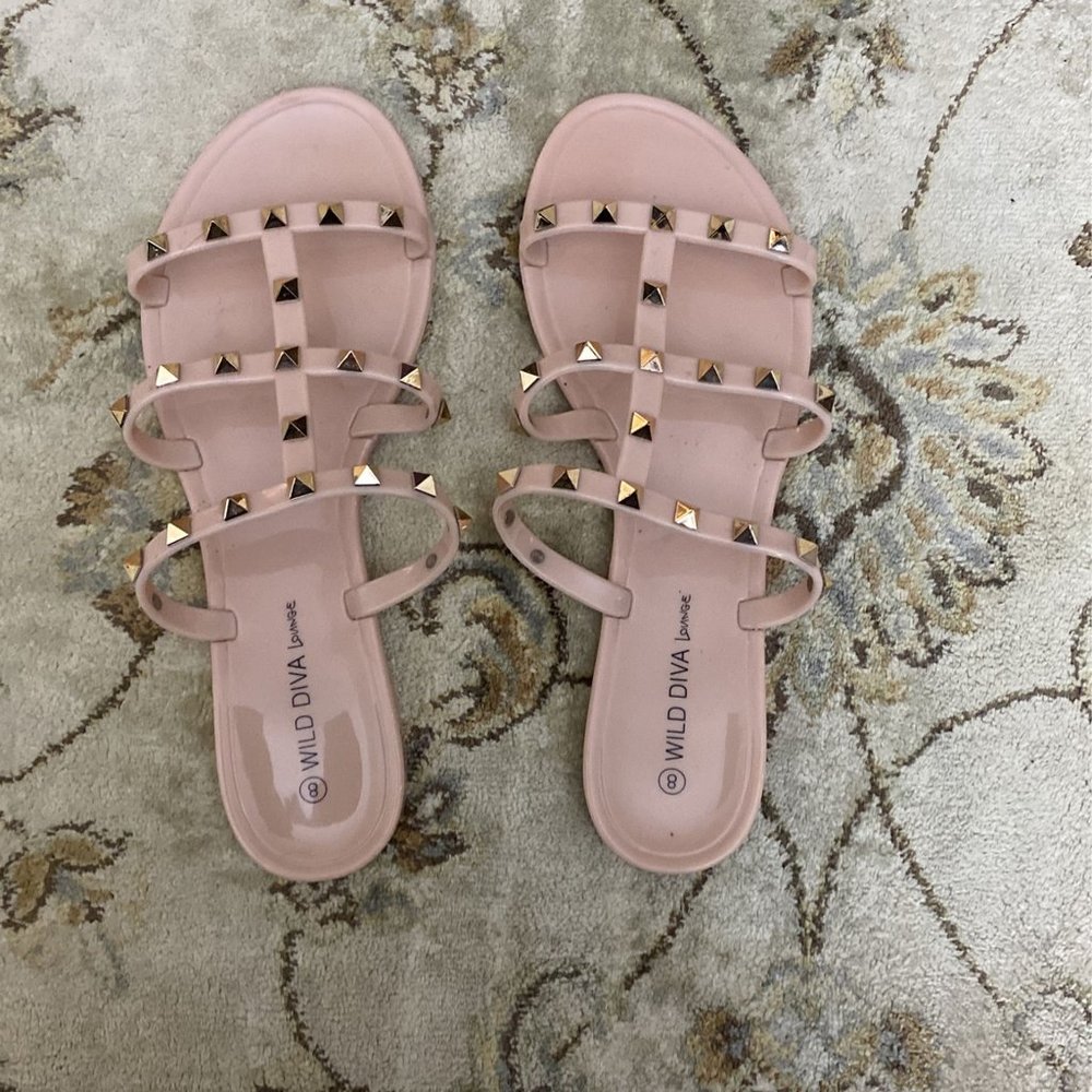 Wild Diva Lounge Nude Gold Studded Jelly Slide Sandals.